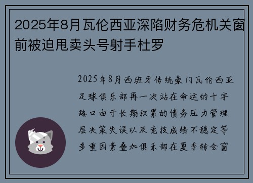 2025年8月瓦伦西亚深陷财务危机关窗前被迫甩卖头号射手杜罗 2025年8月瓦伦西亚深陷财务危机关窗前被迫甩卖头号射手杜罗