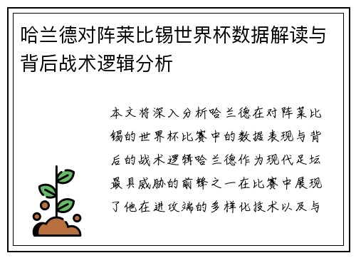 哈兰德对阵莱比锡世界杯数据解读与背后战术逻辑分析