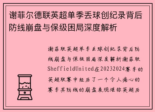 谢菲尔德联英超单季丢球创纪录背后防线崩盘与保级困局深度解析